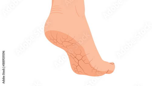 Detailed illustration of a foot's side profile, highlighting severely dry and cracked skin on the heel, emphasizing a need for foot care.