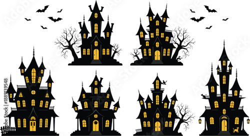 Haunted house icon set with spooky trees, bats, witch, and glowing windows for Halloween design, flat vector illustration