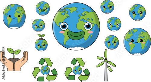 Happy Earth, sad planet, environmental emotions, global warming awareness, climate change impact, eco-friendly symbols, sustainability icons – flat vector illustration