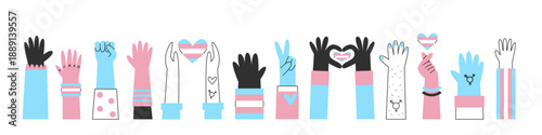 Transgender hands banner, awareness and visibility. Cisgender and genderqueer silhouettes with trans flag colors and symbols. Diversity concept.