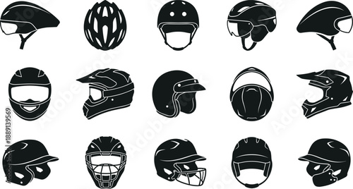 Helmet silhouette icon set, sports and safety gear, cycling, motorbike, baseball, hockey headgear - flat vector illustration