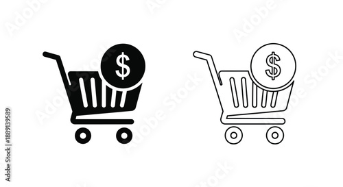 Shopping cart icons with dollar signs black and white outline versions