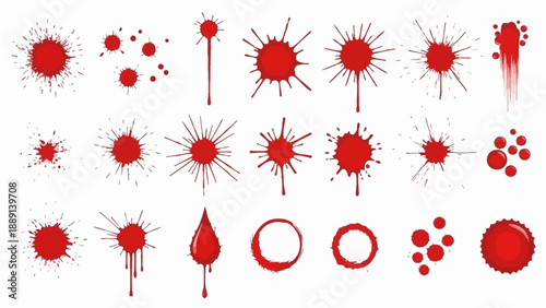 Collection of red ink splatters, drops, and circular stains, representing various fluid effects for design and artistic applications