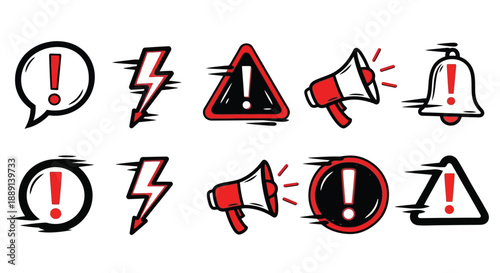 A collection of warning signs and symbols including exclamation points lightning bolts and triangles is displayed