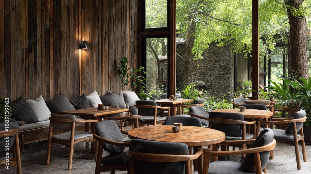 Fototapeta premium Interior dining area featuring natural wood textures and views of lush outdoor greenery.