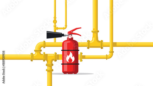 A bright red fire extinguisher with a flame symbol attached to a yellow industrial pipe system, highlighting fire safety measures within a complex infrastructure or ma...