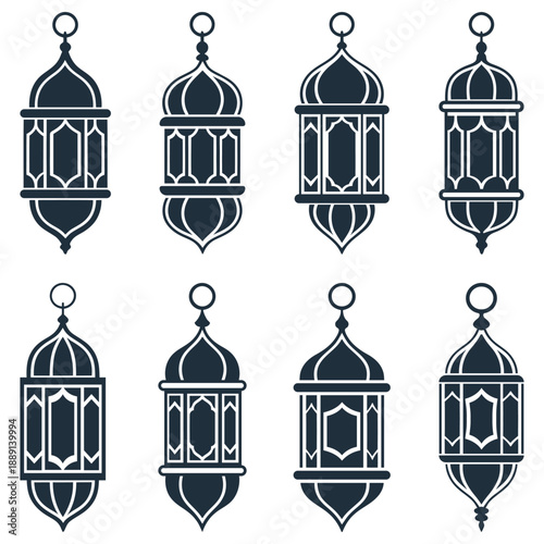Eid Festival, Islamic Decorative and Ramadan Decorative Lantern Silhouette Vector Icon Design. Classic Metal Lantern, Arabic Lantern and Moroccan Lantern Vector Art Design.