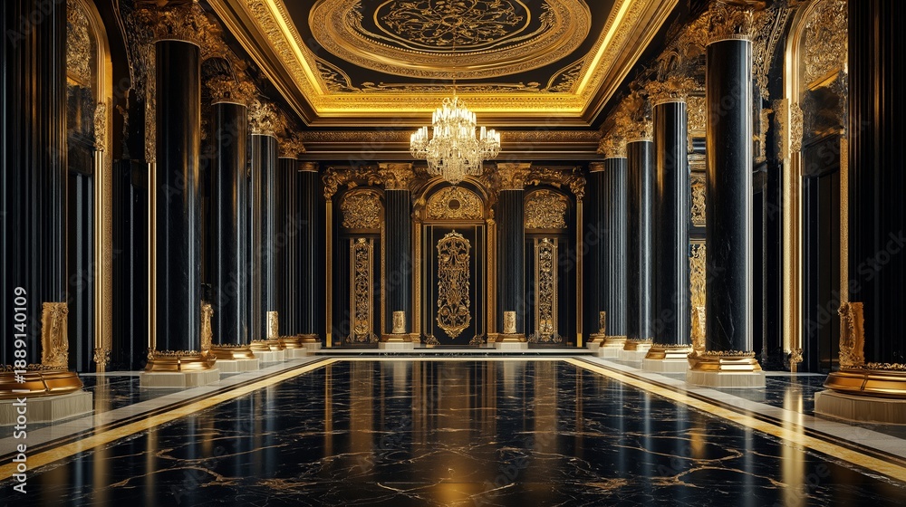 Fototapeta premium Elegant black palace hall with golden details and marble flooring