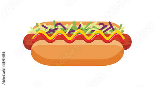 A classic hot dog in a soft bun, generously topped with shredded lettuce, purple cabbage, and a zigzag of yellow mustard and red ketchup, a simple yet satisfying comfo...
