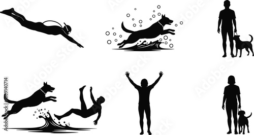 Set of human and dog silhouettes in swimming, running, jumping, and walking poses isolated on white background, black vector illustration for activity and lifestyle design