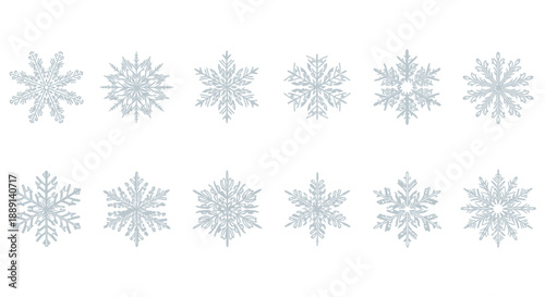 a collection of delicate light blue snowflakes arranged in a symmetrical pattern across a white background