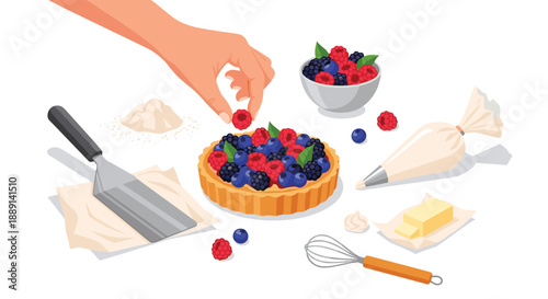 A close-up of a hand decorating a berry tart with raspberries, showcasing baking tools like a spatula, piping bag, whisk, and butter, representing pastry art and desse...