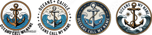 Nautical emblems with anchors and waves ocean vector