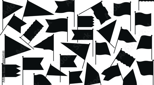 Black flag silhouettes collection with various shapes and waving styles, banner and pennant illustration set isolated on white background