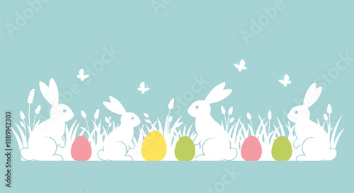 Three white Easter bunnies surrounded by colorful eggs in a lush grassy field with butterflies flying overhead, viewed from a slightly elevated perspective.