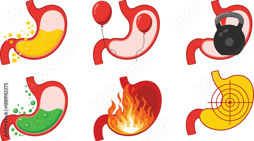 Stomach condition icons, digestive health symbols, bloating, nausea, heartburn, pain, medical symptoms, flat vector illustration