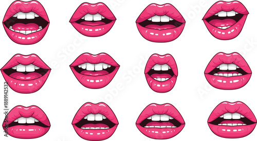 Bild auf Leinwand Pink lips expressions, mouth shapes, speech gestures, phonetic poses, emotional