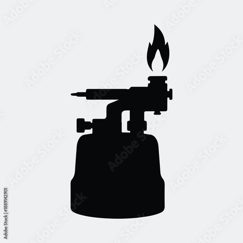 Gas blowtorch with an ignited flame for heating and soldering silhouette vector illustration.