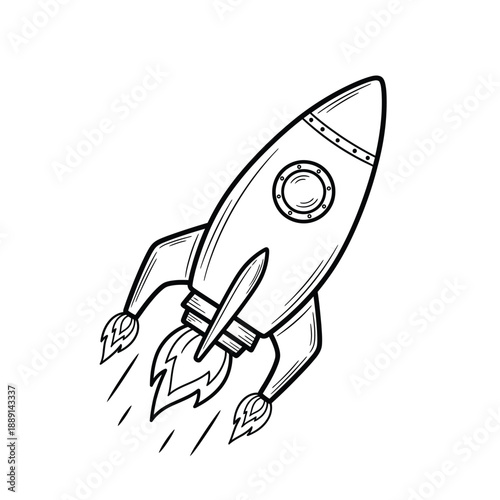 Vector illustration icon a black and white illustration of a rocket ship blasting off into space with flames coming out of its engines