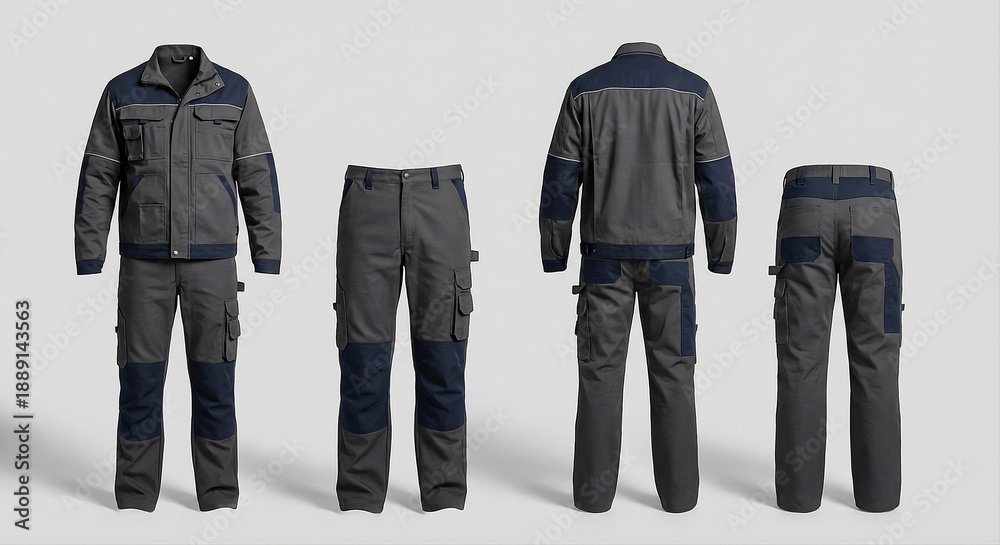 Fototapeta premium Technician work uniform mockup. Gray blue cargo jacket and pants set with functional pockets. Ideal for branding industrial, construction or mechanical workwear. Front back view.