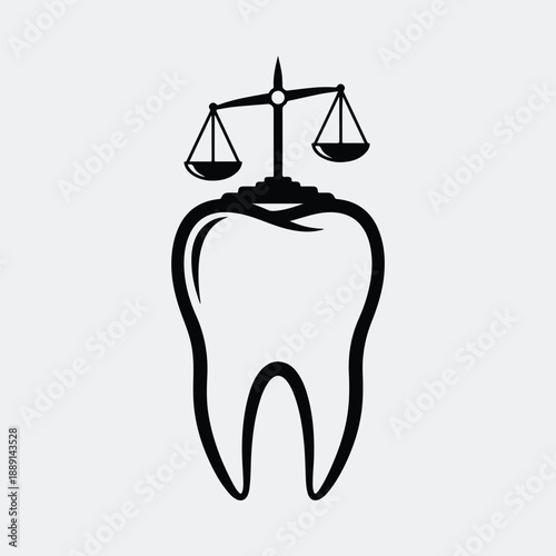Justice scales balancing on a tooth representing dental law ethics silhouette vector illustration