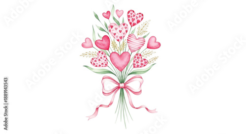 Watercolor Valentine Heart Bouquet with Pink Ribbon Floral Illustration