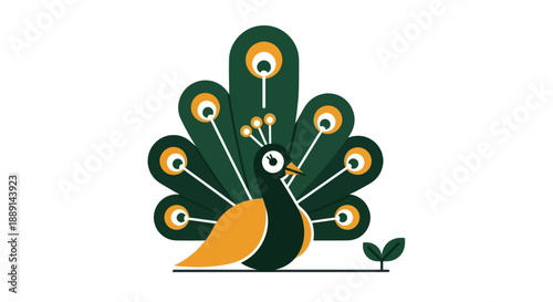 Stylized peacock illustration with green and orange feathers on white background