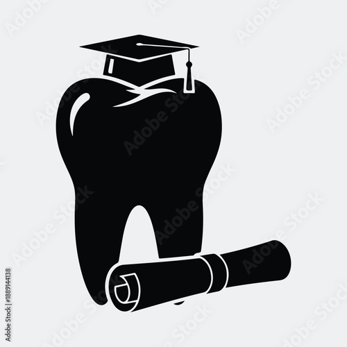 Successful dental student tooth wearing graduation cap with diploma scroll silhouette vector illustration