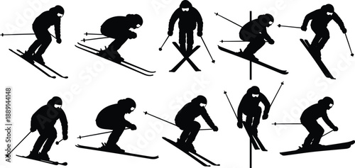 Collection, of, black, silhouettes, featuring, downhill, skiers, in, various, action, poses, including, jumping, racing, and, gliding, for, winter, sports, design.