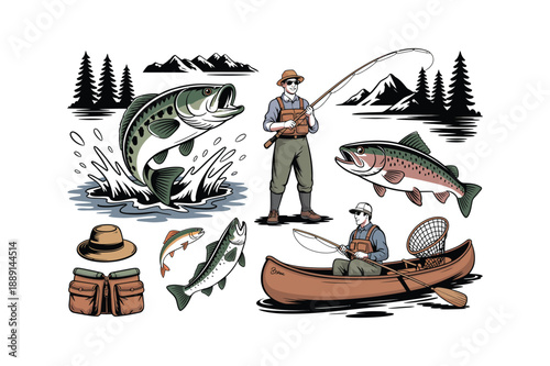 Illustration of a man fishing in a canoe and standing in a lake with mountains and trees