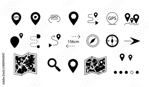 Flat Map and Location Icon Set with GPS Navigation Pins and Route Symbols Vector