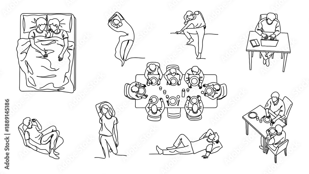 Fototapeta premium Overhead people seamless transparent pattern drawing of social interactions, including sleeping, dining, working, and relaxing, for a plan of architectural drawings.