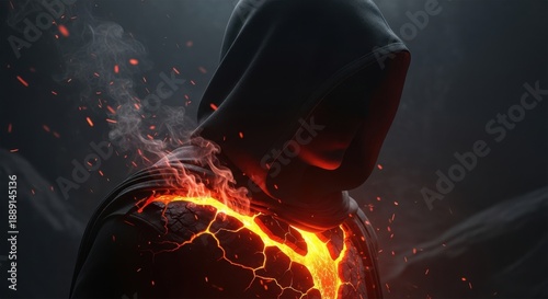 Mysterious hooded figure with fiery lava veins glowing through chest
