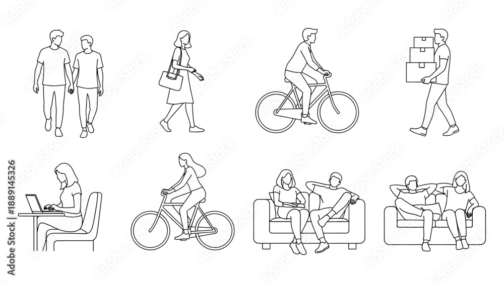 Fototapeta premium Collection of Linear Drawings of People Engaging in Various Activities Such as Walking, Biking, Working, and Relaxing on a Transparent Backdrop.