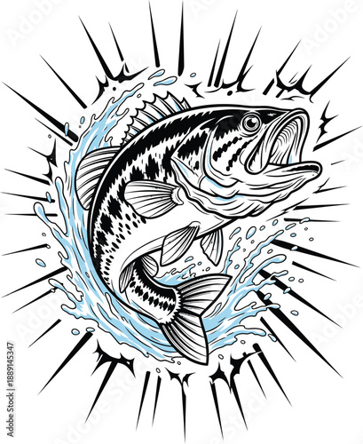 Black and white illustration of a jumping fish with splashing water.