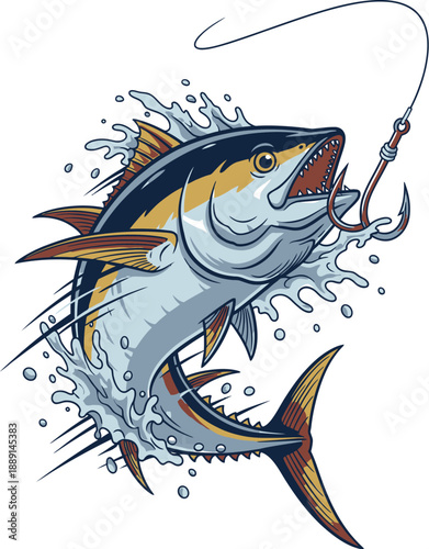 Vibrant cartoon tuna fish hooked on a fishing line.