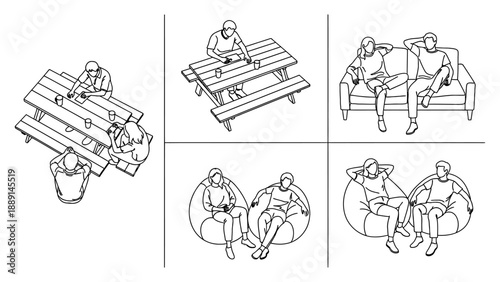 People are spending time together in different settings, a picnic table with friends, a cozy sofa, and relaxing bean bag chairs on a transparent.
