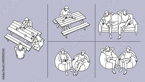 Overhead top view drawing pattern of seating arrangements with diverse social activities at tables and lounge, transparent pattern of design presentation art.