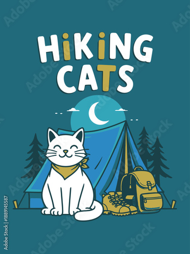 Cartoon cat camping under the stars with a tent and backpack.