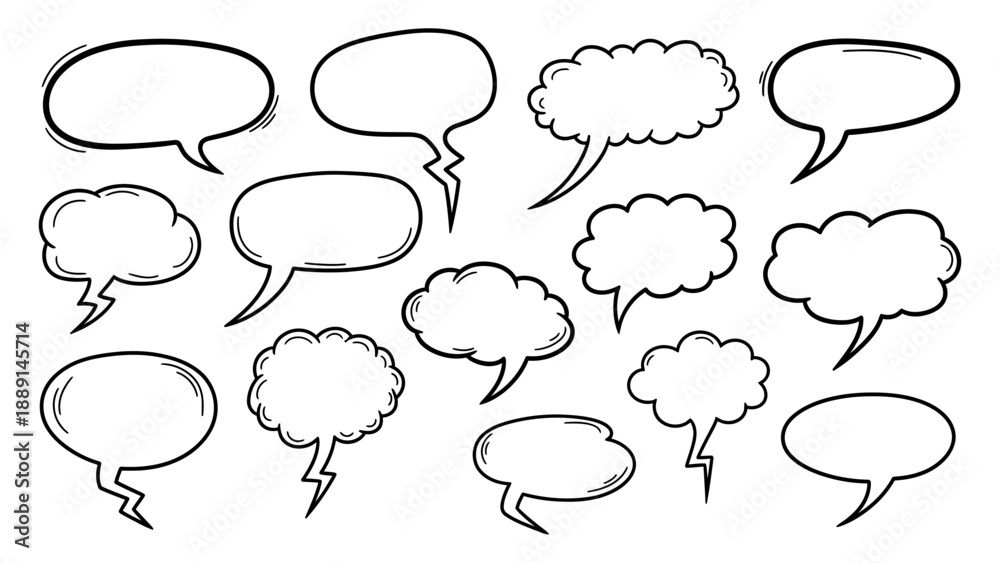 Fototapeta premium Outline Speech Bubbles Set Vector Line Art Design Collection of Communication Elements for Conversations and Dialogs in Various Shapes and Styles.