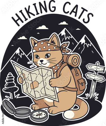 Cartoon cat hiking in the mountains with a map and compass.