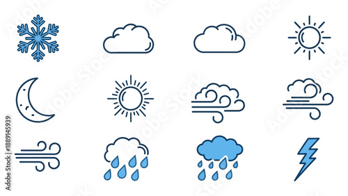 Set of Weather Symbols and Icons Depicting Different Weather Conditions, Such as Sun, Cloud, Wind, Moon, Rain, Snowflake, Isolated on Transparent.