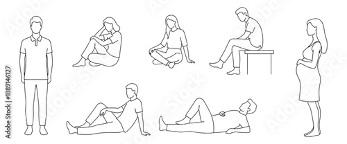 People in various poses, standing, sitting, lying down, line art illustration, vector on transparent background, diverse casual body positions.