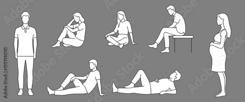 People in various poses, standing, sitting, lying down, line art illustration, vector on a gray background, diverse casual body positions.