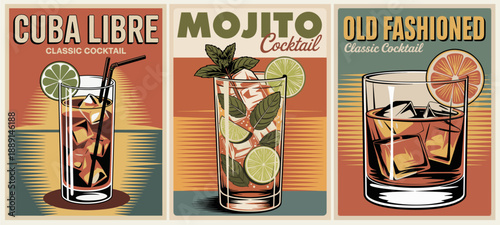 Retro art deco style triptych poster showcasing Cuba Libre, Mojito, and Old Fashioned cocktails with bold typography and mid-century modern design.
