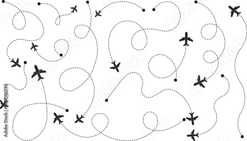 Airplane flight path pattern on a white background. Dotted curved routes form a seamless aviation travel design. Clean vector illustration for navigation, transport, and journey concepts.