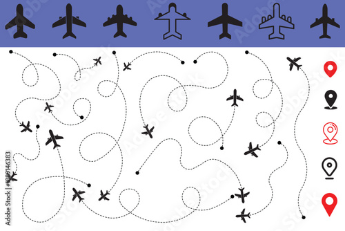 Airplane flight path icon collection on white background. Curved dotted routes with aircraft symbols and location markers show travel navigation. Clean vector elements for aviation maps and journey de