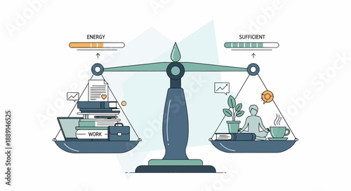 Sustainable Focus & Healthy Work Performance Illustrated Through Supply and Demand Equilibrium Scale Metaphor with Plant and Product Stacks
