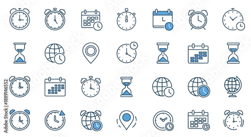 A collection of various time related icons depicting clocks calendars hourglasses and world maps