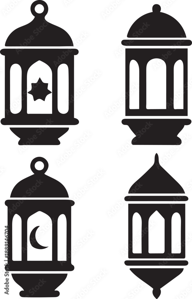 Fototapeta premium A collection of stylized silhouette icons featuring traditional ramadan lanterns for islamic holiday designs and celebrations